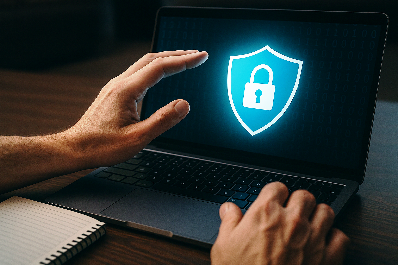 Mãos de uma pessoa interagindo com um laptop que exibe um ícone de segurança digital em forma de escudo com cadeado.