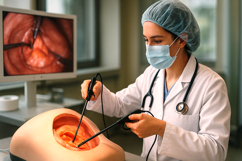Simuladores realistas no ensino da medicina. Estudante de medicina praticando em simulador cirúrgico realista durante treinamento.