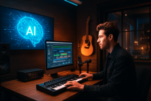 Estúdio musical moderno com inteligência artificial Estúdio musical moderno com inteligência artificial em destaque.