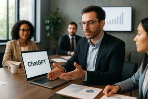 Inteligência Artificial e ChatGPT transformando negócios em reunião executiva.