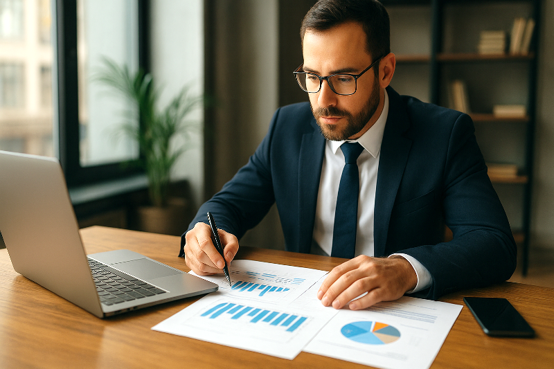 Investidor analisando gráficos de FIIs de Tijolo x Papel em escritório moderno.