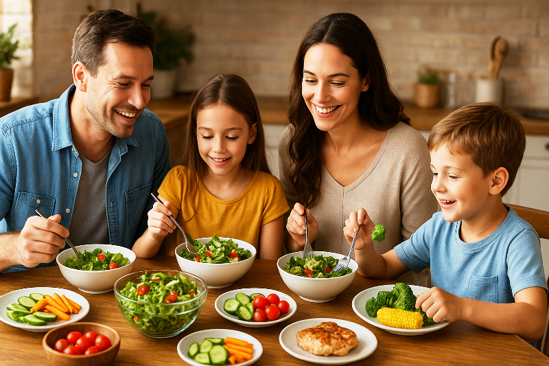 Família em refeição saudável: prevenção e controle de doenças crônicas com alimentação equilibrada. Família reunida em refeição saudável, com saladas, legumes e frango, simbolizando prevenção e controle de doenças crônicas por meio da alimentação equilibrada.