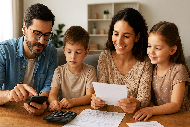 Família reunida à mesa organizando o orçamento doméstico, com papéis, calculadora e celular.