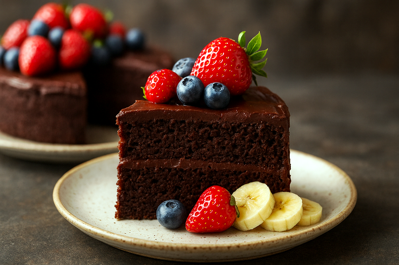 Bolo de chocolate com frutas frescas – uma sobremesa saudável e sofisticada. Bolo de chocolate saudável decorado com morangos, mirtilos e fatias de banana, transmitindo frescor e elegância.
