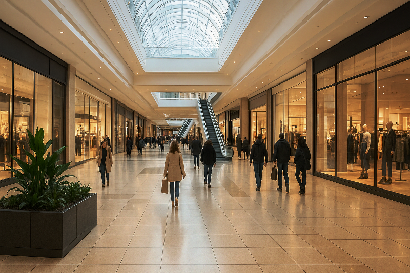 FIIs de Tijolo x Papel em investimentos imobiliários. Interior elegante de shopping center moderno, com corredores amplos, lojas iluminadas e pessoas caminhando.