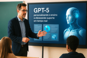 Professor utilizando GPT-5 em sala de aula digital para personalizar o ensino Professor utilizando GPT-5 em sala de aula digital para personalizar o ensino.