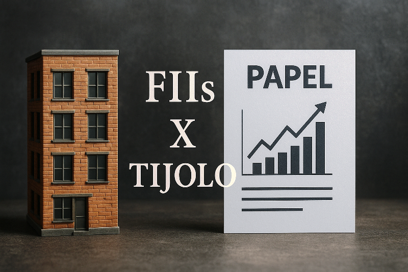 Comparação FIIs de Tijolo x Papel, representados por um prédio de tijolos e um gráfico em papel. Comparação FIIs de Tijolo x Papel, representados por um prédio de tijolos e um gráfico em papel.