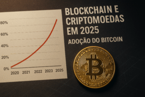 Gráfico de crescimento da adoção do Bitcoin até 2025 com moeda dourada em destaque.