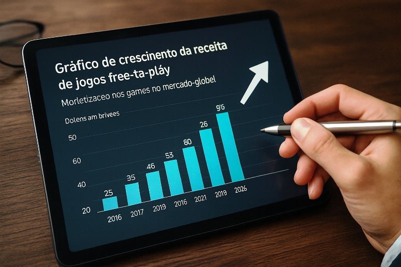 Gráfico de receita global de jogos free-to-play. Monetização nos games no mercado global com gráfico de crescimento da receita de jogos free-to-play.