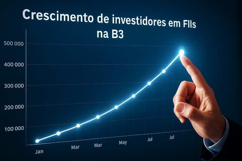 Crescimento de investidores em FIIs na B3. Gráfico em linha mostrando o crescimento de investidores em FIIs na B3, com a mão de uma pessoa apontando para o ponto mais alto da curva ascendente.