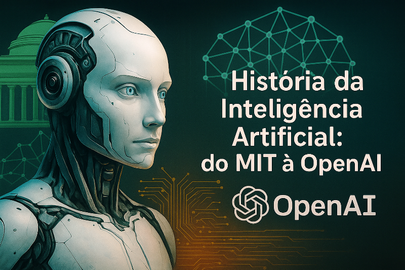 Ilustração futurista de um robô humanoide ao lado do título “História da Inteligência Artificial: do MIT à OpenAI”