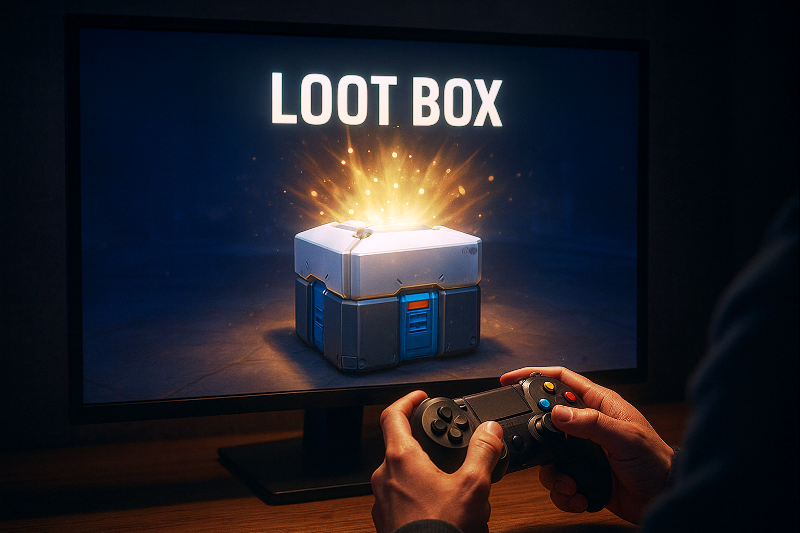 Jogador interagindo com loot box em jogo digital, representando a monetização nos games. Jogador abrindo loot box em um jogo digital, com brilho dourado emanando da tela.