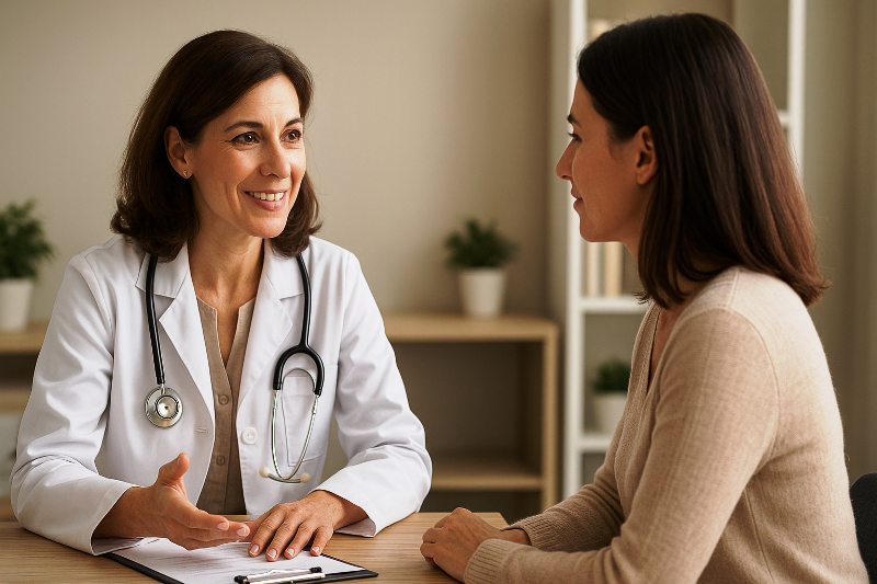 Interação entre médica e paciente, transmitindo empatia e profissionalismo. Saúde da mulher: cuidados ginecológicos e hormonais — médica ginecologista conversando com paciente durante consulta.