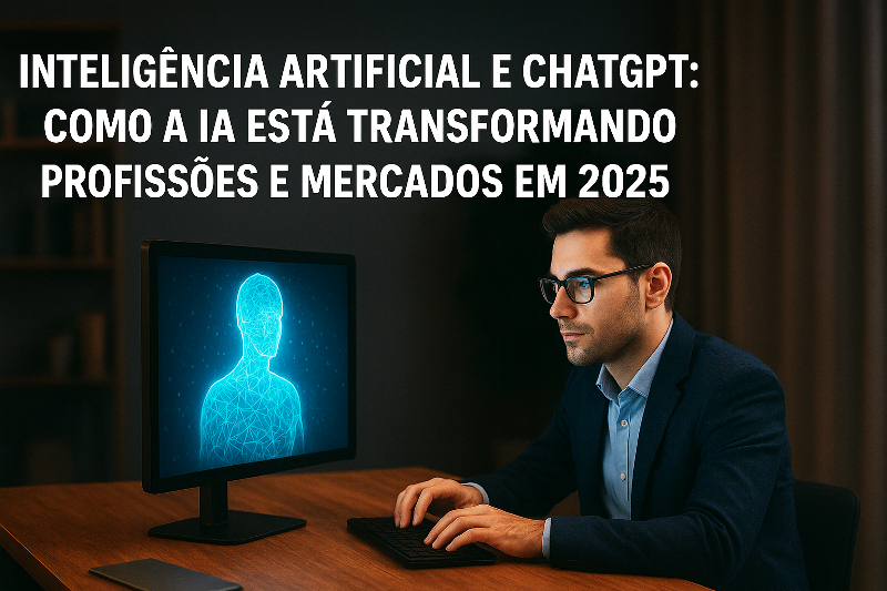 Homem jovem de óculos e terno azul trabalha em um computador, que exibe a figura digital de um humano feito por linhas e pontos azuis. No canto superior esquerdo, há o título em letras brancas: "Inteligência Artificial e ChatGPT: Como a IA Está Transformando Profissões e Mercados em 2025".