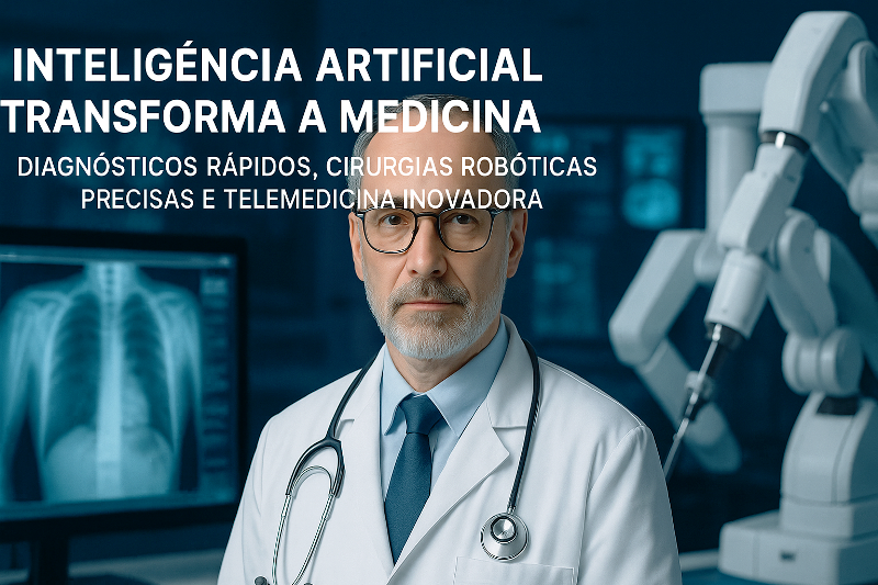 Médico em ambiente tecnológico com IA, robótica cirúrgica e exames digitais representando avanços na medicina.