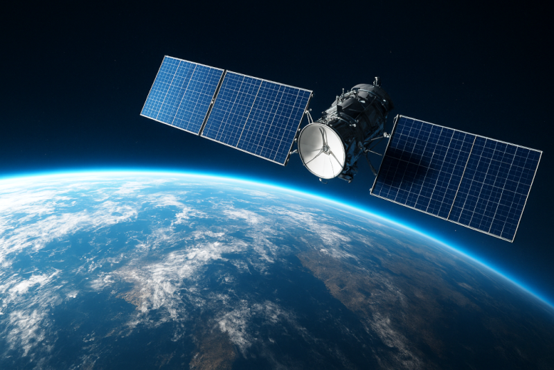 Satélite em órbita da Terra transmitindo internet via satélite e de graça, com destaque para painéis solares e visão do planeta.