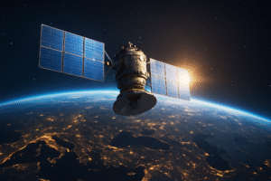 Satélite em órbita iluminado pela Terra com painéis solares, refletindo a luz do Sol enquanto a superfície terrestre exibe cidades iluminadas à noite.