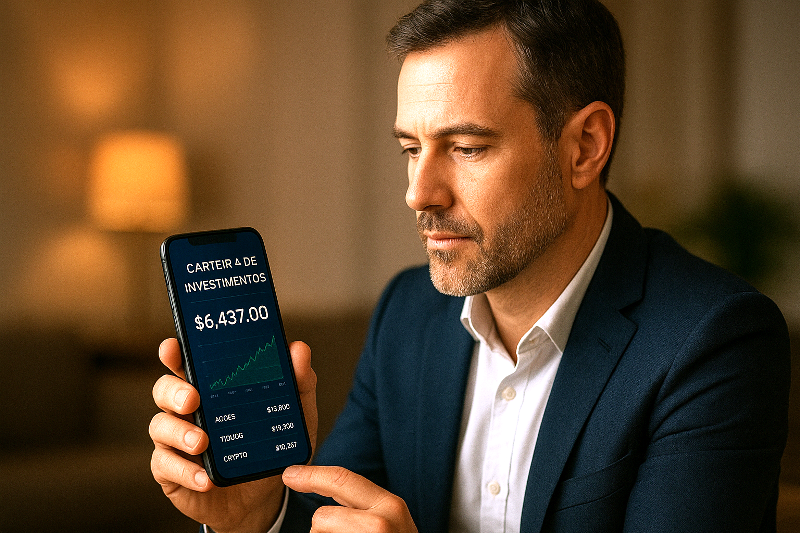 nvestidor acompanhando carteira digital de investimentos no celular. Homem de terno elegante acompanha no celular sua carteira de investimentos em português, exibindo ações, títulos e criptomoedas.