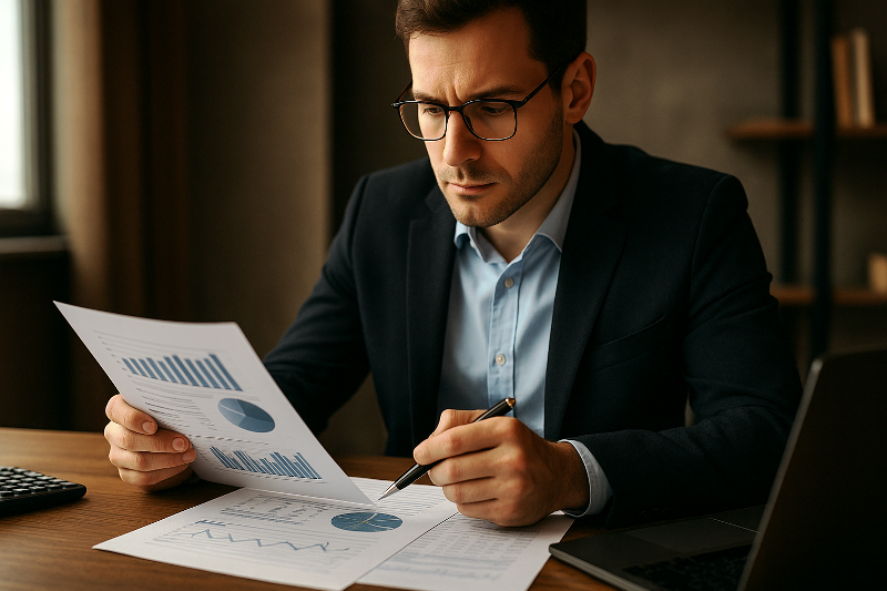 Cautela nos mercados de crédito – investidor analisando documentos financeiros em escritório elegante.