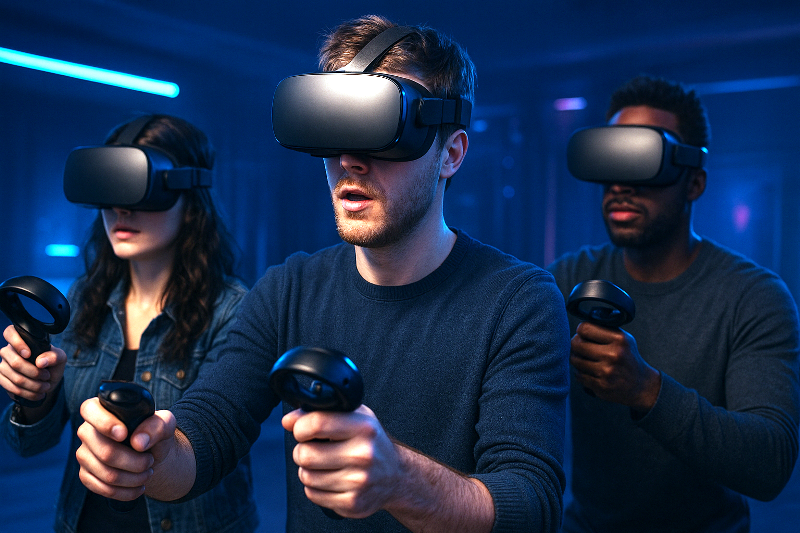 Jogadores imersos em realidade virtual utilizando headsets e controles, em um ambiente futurista iluminado por luzes azuis e roxas.