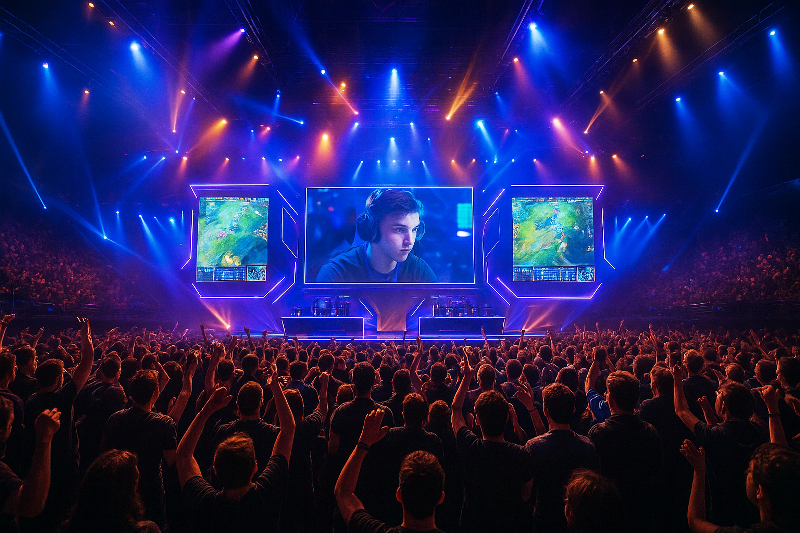 Palco de eSports com jogadores competindo e uma multidão vibrando durante um campeonato, sob luzes coloridas e telões exibindo o jogo.
