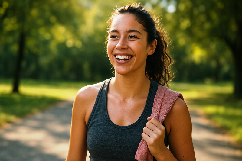 jovem sorrindo após treino, representando como o esporte combate a ansiedade e a depressão melhorando a autoestima.