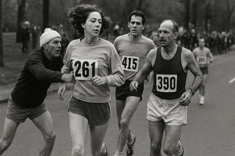 Foto histórica icônica da Maratona de Boston de 1967, representando a luta pela inclusão das mulheres no atletismo. A presença feminina no esporte, Kathrine Switzer correndo na Maratona de Boston de 1967.
