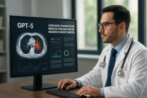 Médico utilizando GPT-5 para interpretar exames clínicos com inteligência artificial GPT-5 recursos avançados em saúde.