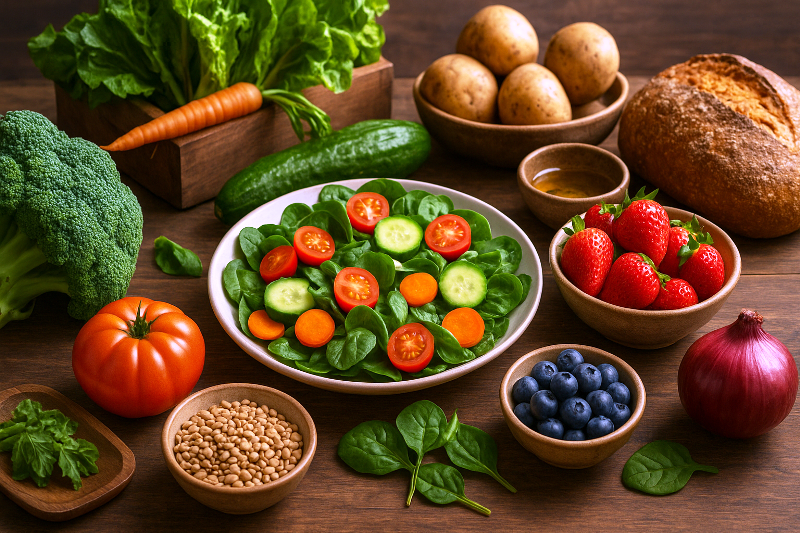 Alimentação saudável e sustentável com ingredientes orgânicos frescos dispostos em mesa rústica.