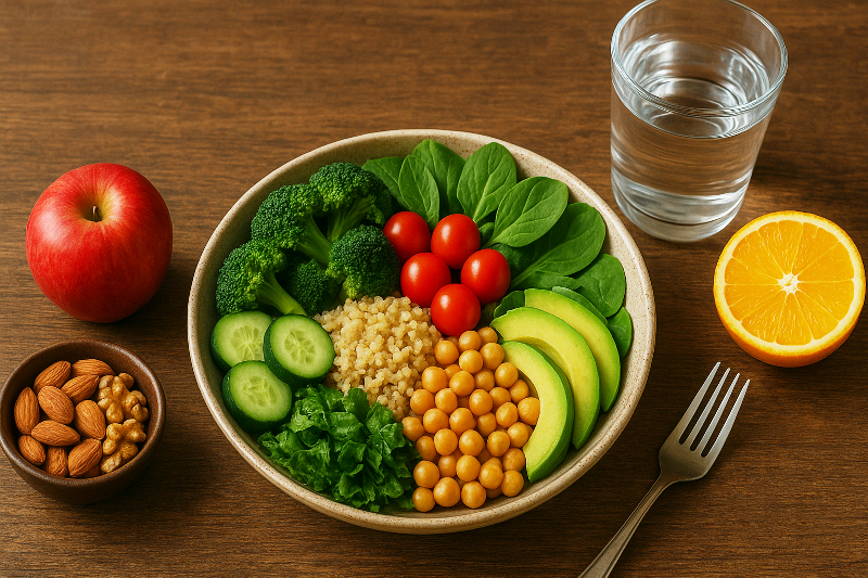Alimentação equilibrada para prevenção de doenças crônicas. Mesa com alimentos saudáveis, incluindo salada colorida, frutas, castanhas e copo de água.
