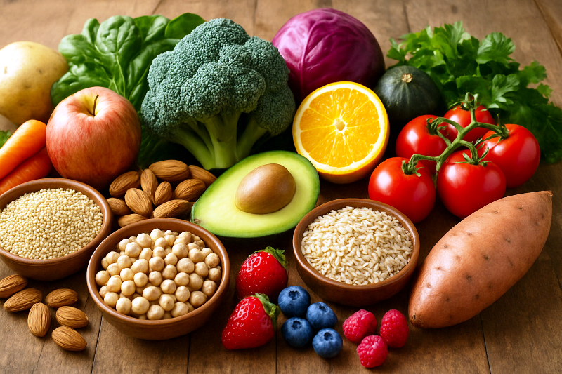 Mesa com frutas, legumes e grãos frescos em fotografia realista. Alimentação saudável e sustentável com alimentos naturais.