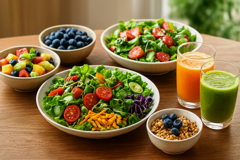 Imagem de destaque para artigo sobre alimentação saudável e equilibrada. Mesa elegante com pratos saudáveis variados, incluindo saladas coloridas, frutas frescas, cereais e sucos naturais.