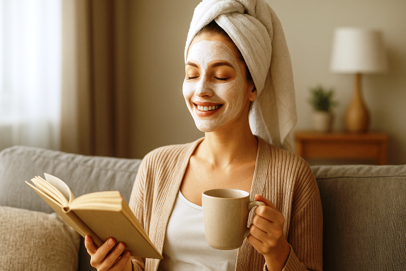 Autocuidado em casa com skincare, leitura e chá relaxante. Mulher sorrindo enquanto pratica autocuidado em casa com skincare, leitura e chá relaxante.