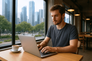 Foto de um nômade digital trabalhando em um café com notebook