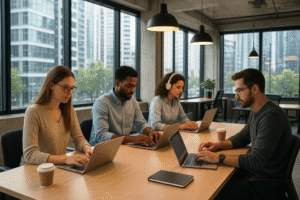 Espaço de coworking moderno com profissionais conectados.