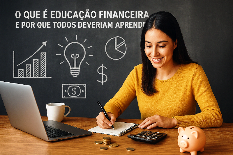 Educação financeira representada por jovem planejando finanças com calculadora, caderno, cofrinho e gráficos ao fundo.