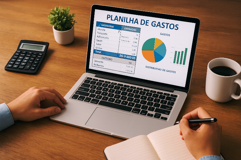 Pessoa analisando planilha de gastos em um notebook com gráficos coloridos de finanças pessoais.