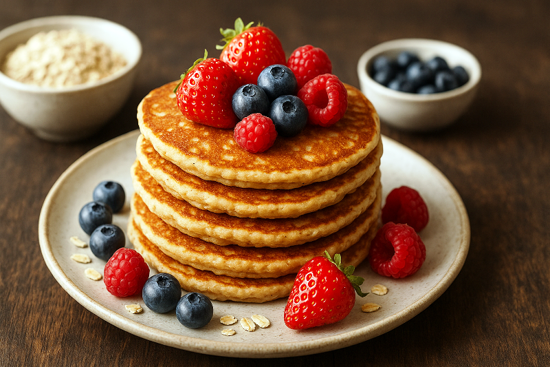 Substituições inteligentes de ingredientes em panquecas. Panquecas de aveia decoradas com frutas frescas como morangos, framboesas e mirtilos.