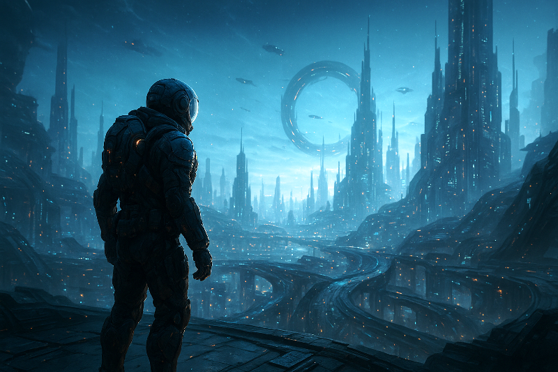 Personagem explorando um mundo futurista repleto de arranha-céus luminosos e tecnologia avançada.