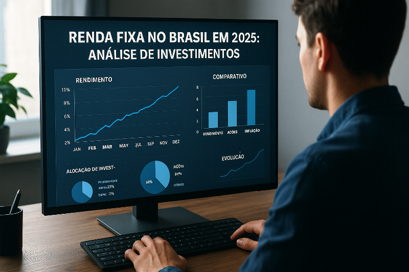 Renda fixa no Brasil em 2025: análise de investimentos no computador.