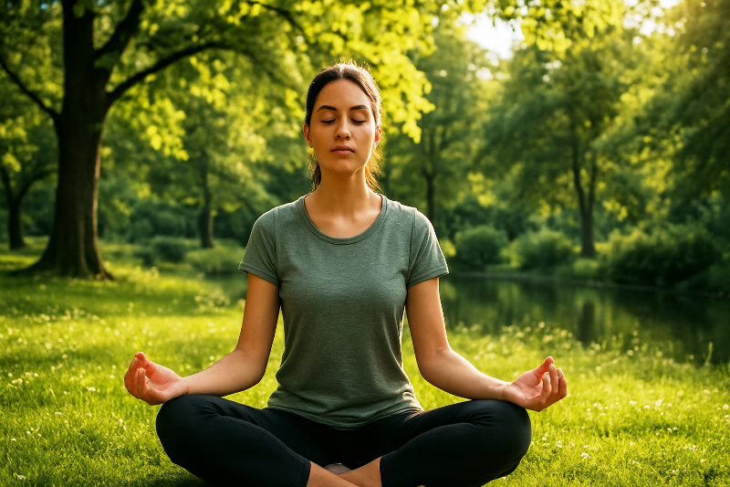 Meditação em harmonia com a natureza. Pessoa jovem meditando sentada em posição de lótus em um parque verdejante, cercada por árvores e luz natural suave.