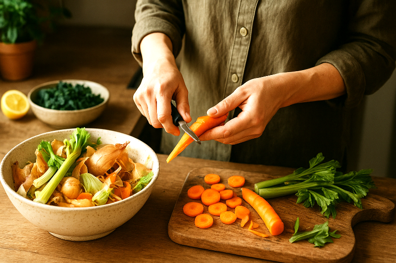 Alimentação saudável e sustentável com aproveitamento integral dos alimentos: pessoa descascando cenoura enquanto utiliza cascas e talos na refeição." title="Preparando refeição sustentável com aproveitamento integral dos alimentos. Alimentação saudável e sustentável com aproveitamento integral dos alimentos: pessoa descascando cenoura enquanto utiliza cascas e talos na refeição.