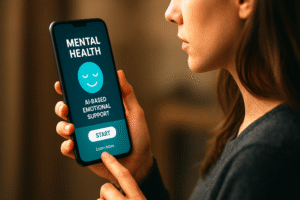 Pessoa segurando um celular com aplicativo de apoio emocional baseado em IA para saúde mental.