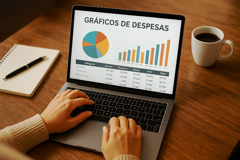 Planilha de gastos: como organizar finanças com elegância e eficiência. Pessoa utilizando notebook com planilha de finanças aberta mostrando gráficos de despesas, ao lado de um caderno, caneta e uma xícara de café.