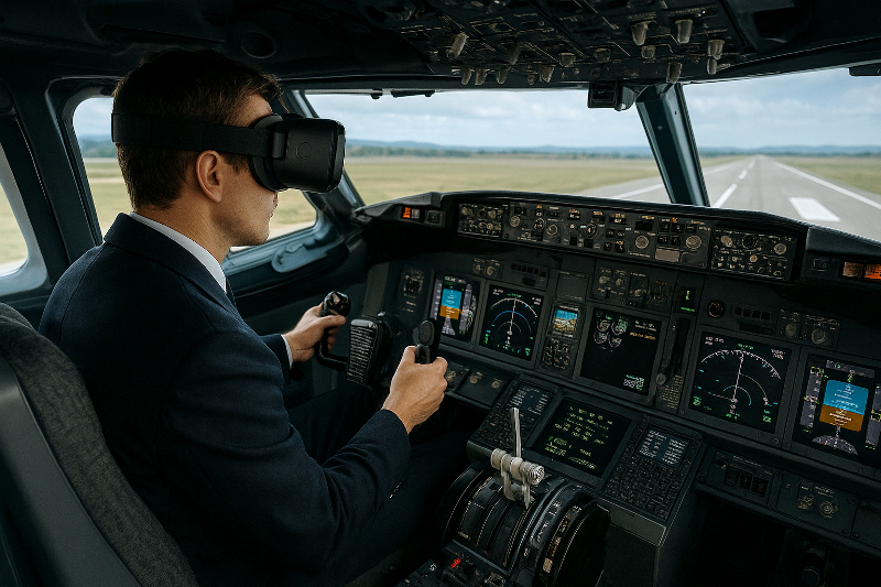 Simulador de voo com realidade virtual para treinamento de pilotos. Simuladores realistas aplicados à aviação.