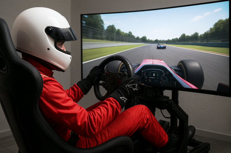 Simuladores realistas no automobilismo profissional. Piloto de corrida utilizando simulador automotivo de alta performance, com traje vermelho e capacete branco, em frente a uma tela curva exibindo pista de corrida.