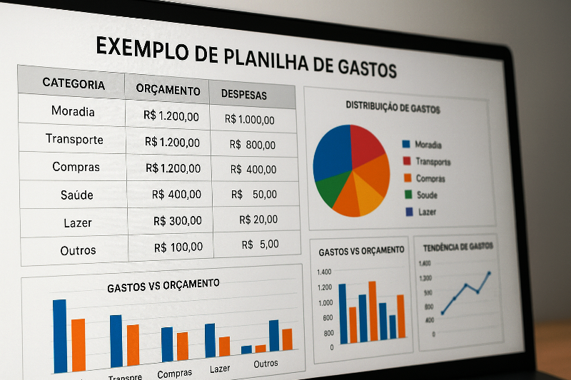 Exemplo de planilha de gastos para controle financeiro pessoal. Exemplo de planilha digital de gastos com categorias, valores e gráficos coloridos para controle financeiro.