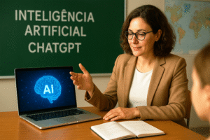 Professora em sala de aula utilizando inteligência artificial e ChatGPT em seu notebook.