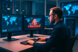 Profissional de TI em uma sala de servidores, observando dois monitores, sendo que um deles exibe um alerta vermelho escrito “CYBER ATTACK”.