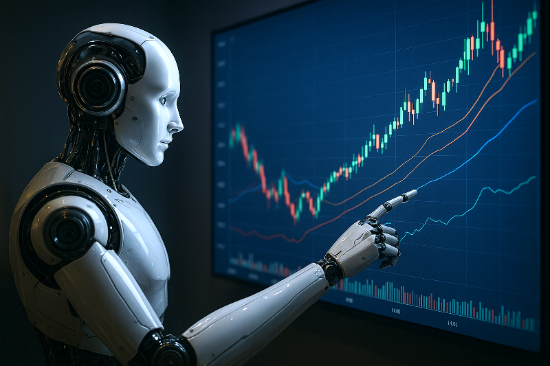 Inteligência Artificial nos Investimentos com gráficos financeiros.